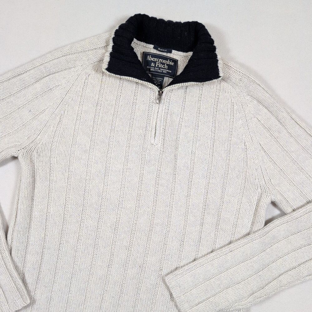 Vintage Abercrombie & Fitch Lambswool Muscle Sweater Mens M Ivory 1/4 Zip Preppy